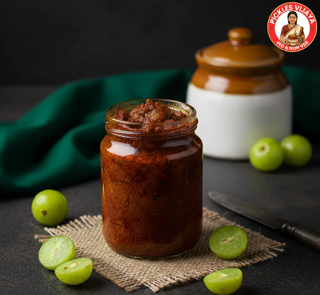 Amla pickles jar with amala fruits